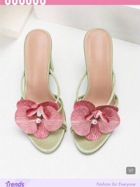 SHEIN Light Green Satin Slide Heels with Pink Floral Pearl Accent